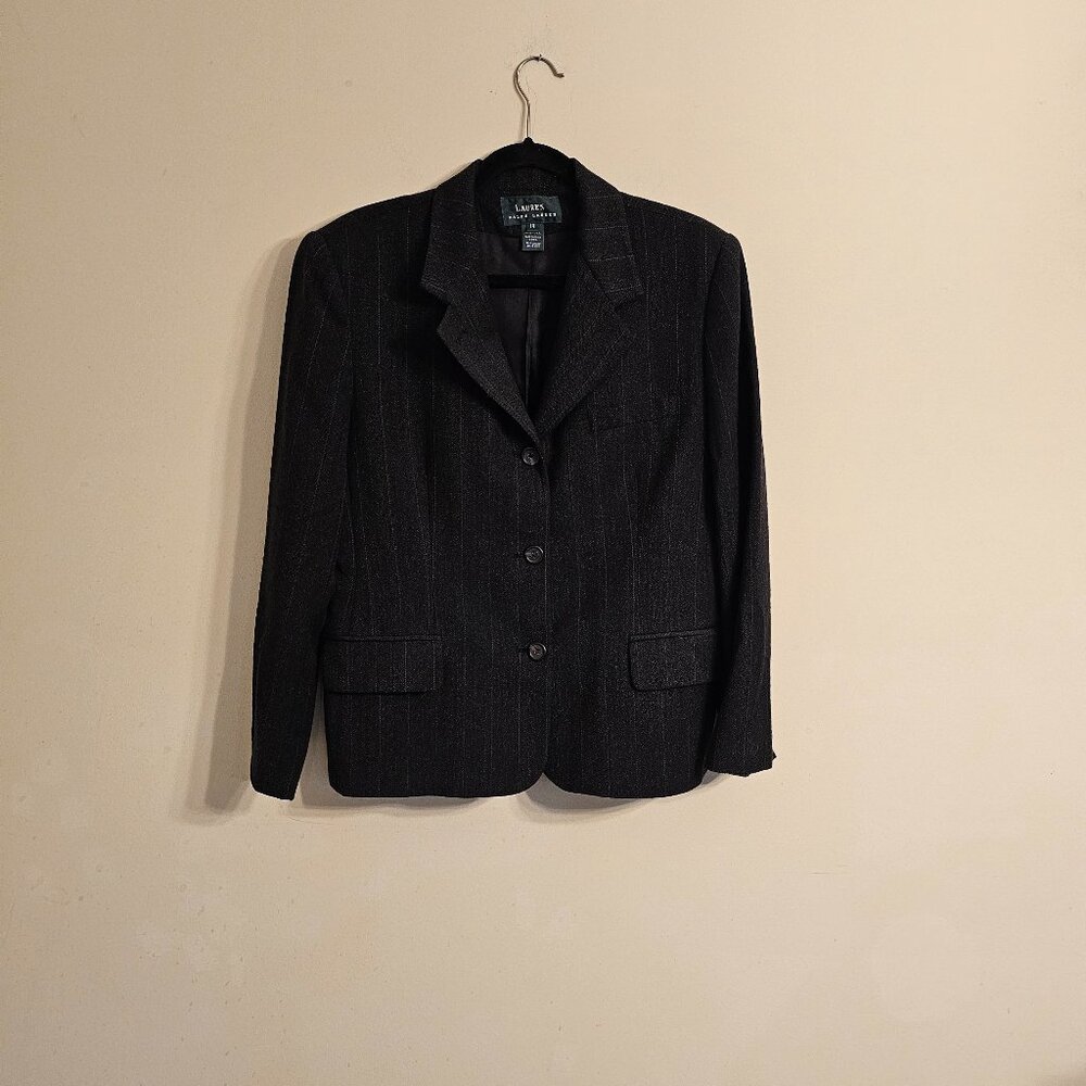 Vintage Women's Lauren Ralph Lauren Wool‎ Blend Blazer Charcoal Grey Pin Size 14